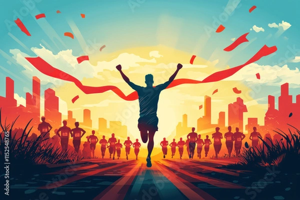 Fototapeta A dynamic scene of marathon winner crossing finish line with arms raised in victory, surrounded by cheering runners under bright sky