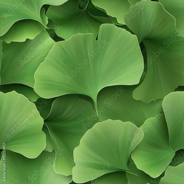 Fototapeta Lush green ginkgo leaves create seamless pattern, showcasing intricate textures and vibrant shades of green, perfect for nature inspired designs