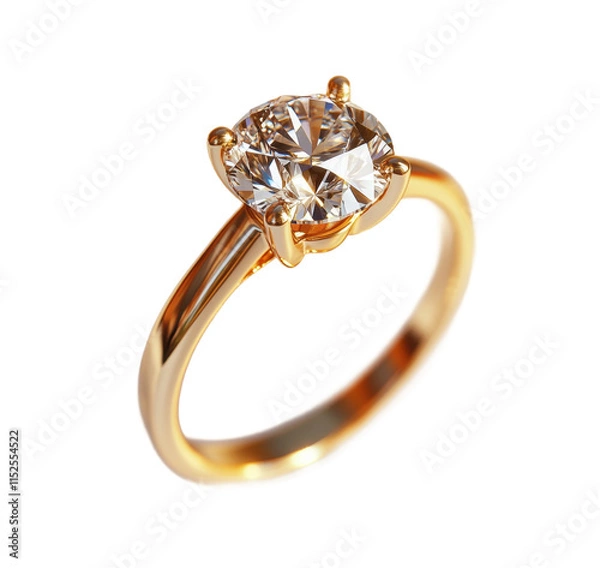 Obraz Golden engagement ring with large sparkling diamond in prong setting, luxury jewelry for weddings or proposals, high-quality craftsmanship, elegant design, isolated on transparent background