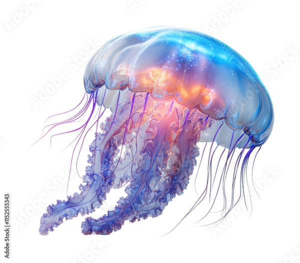Obraz Single glowing jellyfish with vibrant pink, purple, and orange hues, floating in water, bioluminescent marine creature, aquatic design isolated on transparent background.