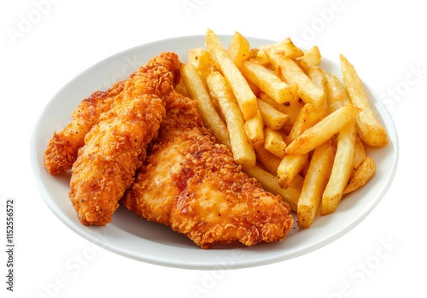 Obraz Crispy fried chicken tenders served with golden French fries, delicious fast food meal on white plate isolated on transparent background