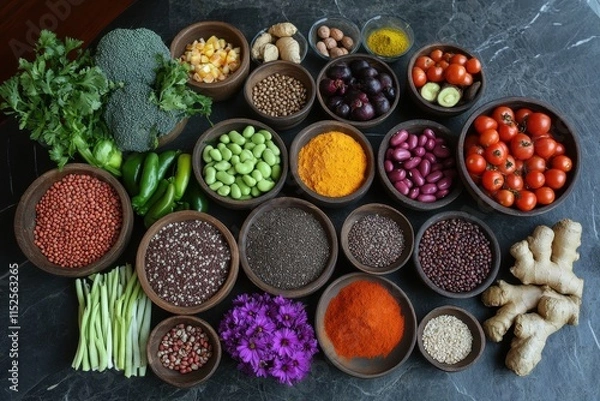 Fototapeta Colorful assortment of healthy ingredients in bowls.