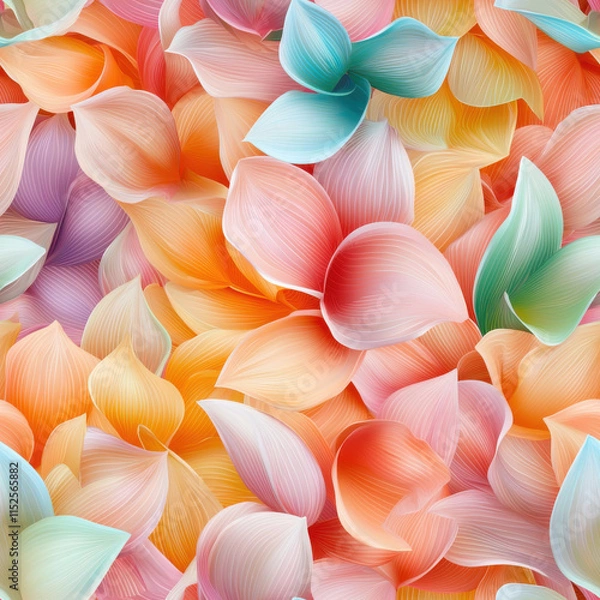 Fototapeta Vibrant floral pattern featuring colorful petals in shades of orange, pink, and blue, creating lively and cheerful atmosphere. Perfect for backgrounds and designs