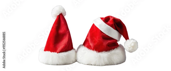 Fototapeta Real photo of a red Christmas Santa Claus hat with a white pompom, Santa hat isolated on transparent background, holiday greetings