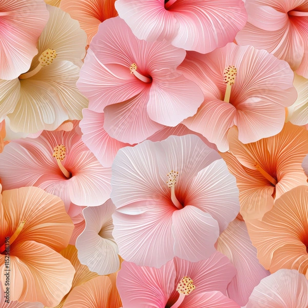 Fototapeta Beautiful hibiscus flowers in various shades of pink, peach, and cream create vibrant and seamless pattern, perfect for textiles or wallpaper