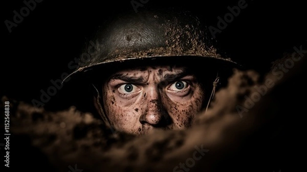 Fototapeta Frightened soldier peering out of a trench in low lighting