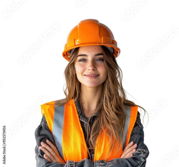 Obraz Woman in orange vest and hard hat confidently poses for a portrait in a construction setting. Isolated on transparent background, png.