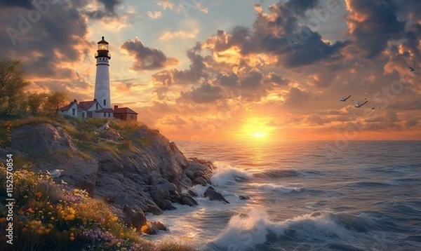 Fototapeta Dramatic sunrise over ocean with lighthouse on cliff.