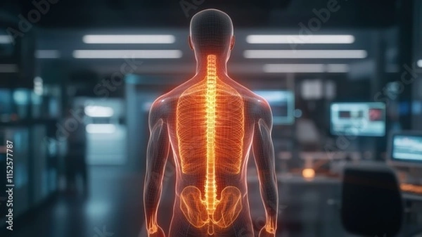 Fototapeta Cybermedical full body scan of glowing bones and organs in high fidelity laboratory setting