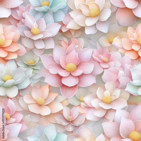 Fototapeta Beautiful floral pattern featuring pastel colored lotus flowers in various sizes and arrangements, creating serene and harmonious atmosphere