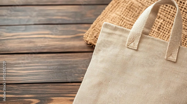 Obraz neutral canvas tote bag on wooden surface, showcasing its texture and design