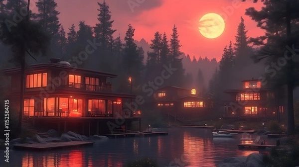 Fototapeta Illuminated Lakeside Cabins During Sunset in a Forest