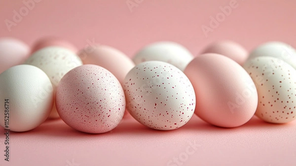 Fototapeta A vibrant pattern of pink and white Easter eggs scattered across a soft pink background representing chaos and the playful nature of the holiday season


