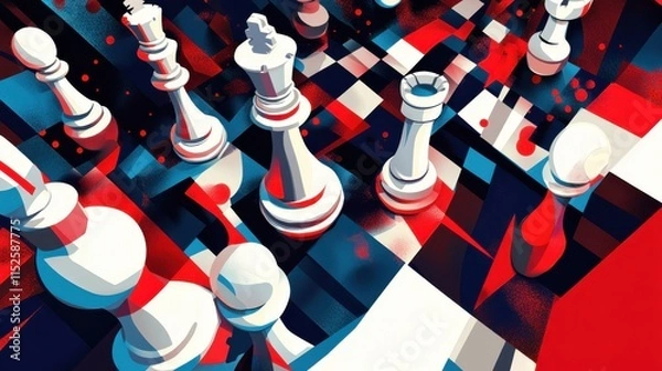 Fototapeta Strategic Mastermind: A stylized chessboard illustration, vibrant with bold red and blue hues, showcases white chess pieces in a dynamic, high-angle composition. The image evokes themes of strategy.