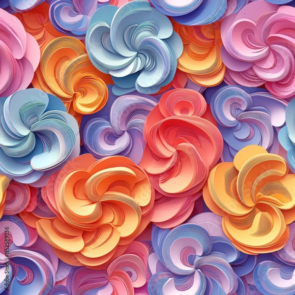 Fototapeta Colorful paper flowers in seamless pattern, featuring vibrant swirls and layers of pastel shades. This design evokes cheerful and artistic atmosphere