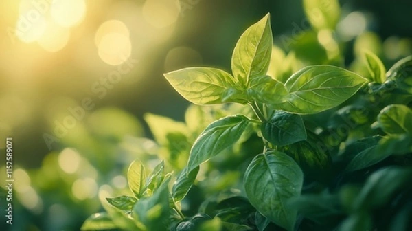 Fototapeta Lush Green Leaves Basking In Sunlight
