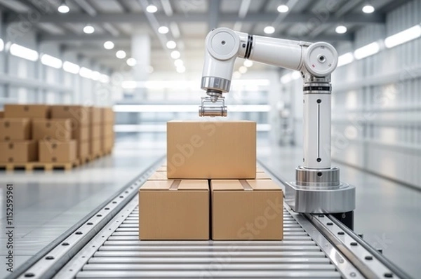 Obraz A robotic arm is carefully placing a jar on a stack of cardboard boxes on a conveyor belt in a well-lit warehouse, demonstrating advanced automation in packaging operations.