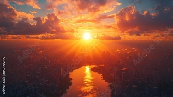 Fototapeta A stunning sunset over a city skyline, reflecting on a river, creating a serene atmosphere.