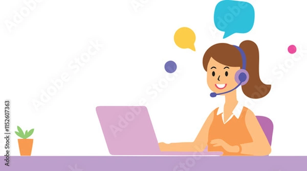 Obraz A flat vector illustration of a cheerful customer support agent sitting at a desk with a laptop, wearing a headset with a microphone and bubble text