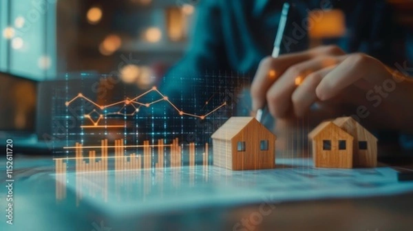 Obraz A person analyzes real estate data while drawing graphs and charts, with miniature house models on the table, indicating property market trends.