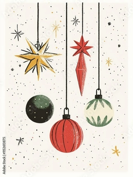 Obraz A festive illustration featuring colorful Christmas ornaments hanging against a starry background.