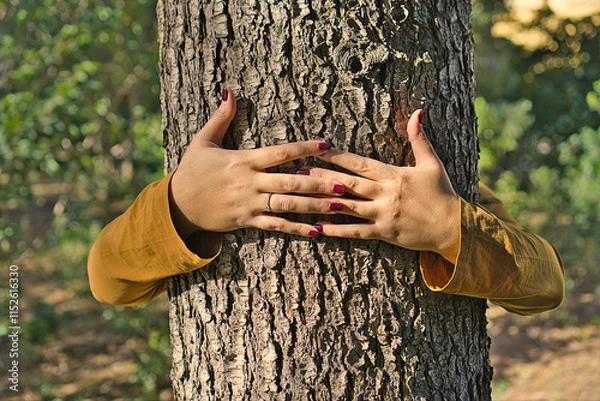 Obraz Female hands hugging a sturdy tree trunk, symbolizing a connection with nature and care for the environment. The painted nails and ring add a human touch, while the blurred green background. 