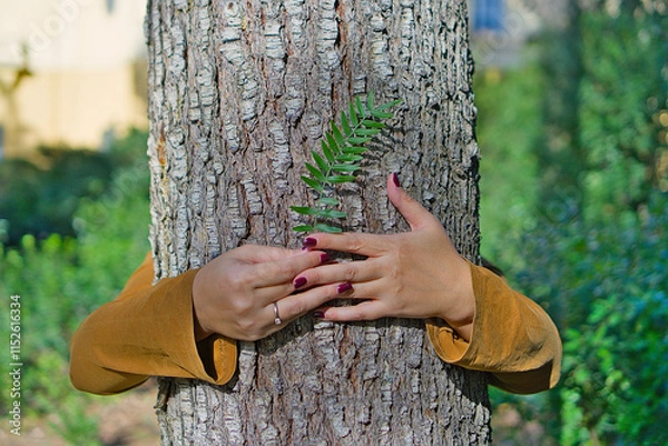 Obraz Female hands holding a fern leaf against a tree trunk, merging elements of living nature and calmness. The composition highlights the interaction between humans and biodiversity. 
