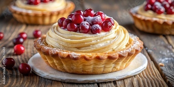 Fototapeta Delicious Pastry Tarts Topped with Sweet Berries and Powdered Sugar on Rustic Wooden Surface