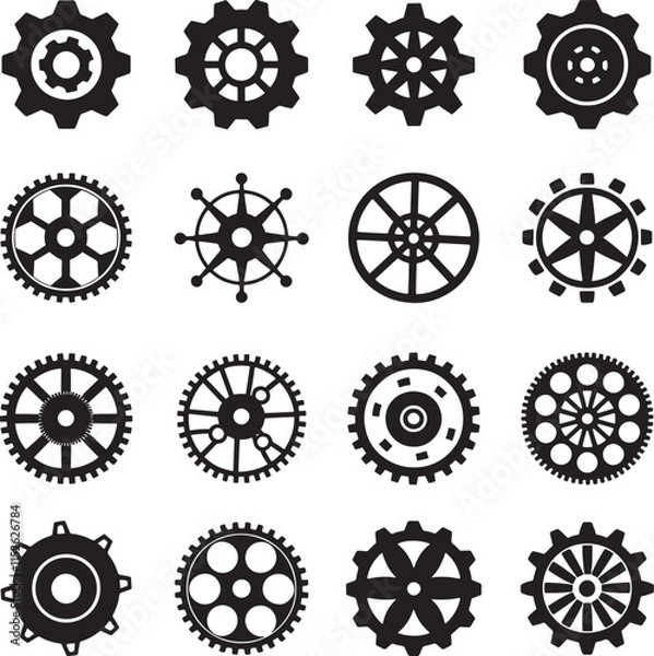 Obraz A set collection of 16 unique gear and cogwheel icons in silhouette vector style on a white background, gear wheels set