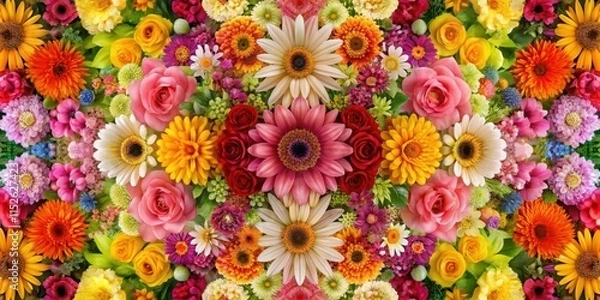Obraz Colorful flowers arranged in a symmetrical pattern on a seamless wallpaper background, wallpaper, flowers
