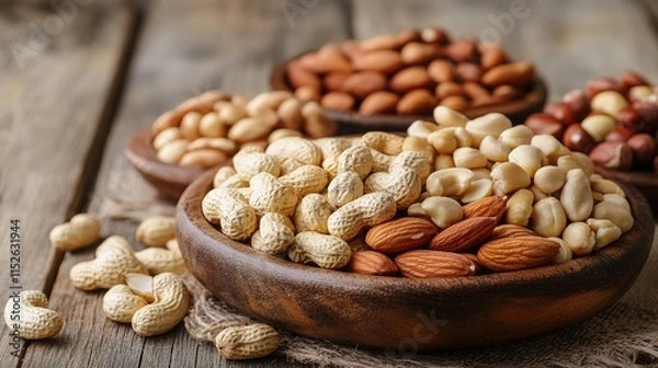 Obraz Various types of nuts, including walnuts, almonds, peanuts, cashews, and pistachios, displayed on a clean background, emphasizing the natural textures and rich details of each nut variety, 