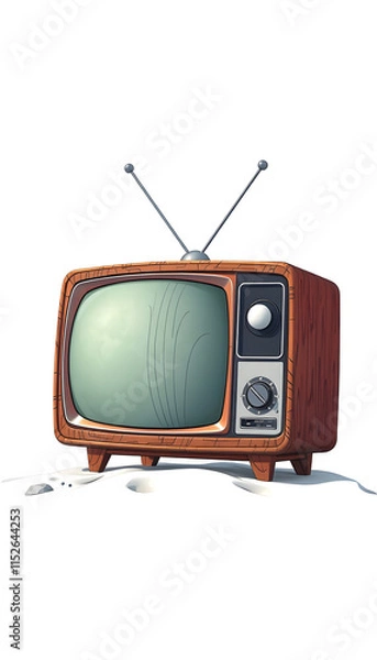 Fototapeta old wooden vintage TV on the moon. Earth background. Space concept. Broadcast. 3d rendering, doodle art, with white tones