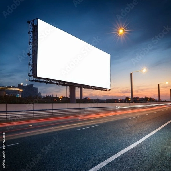 Fototapeta Billboard at night - Blank white billboard on the background of the highway at evening