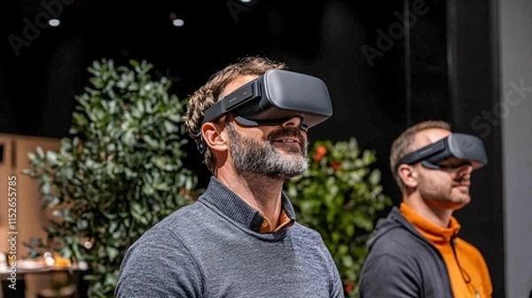 Fototapeta People in High-Tech Collaborative Environment with VR Headsets