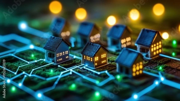 Obraz A rural village receiving internet access through satellite technology, focus on connectivity, vibrant, manipulation, scenic countryside backdrop