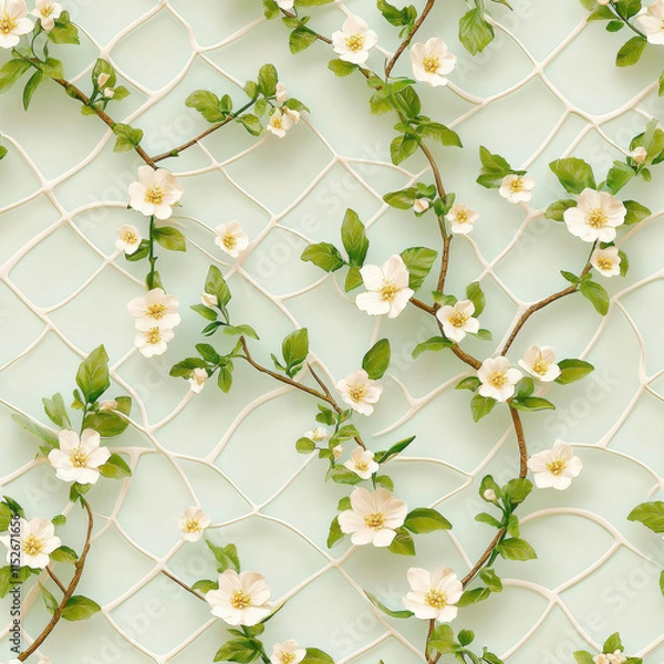 Fototapeta Delicate floral pattern with white flowers and green leaves on mint background, creating serene and fresh atmosphere. Perfect for nature inspired designs
