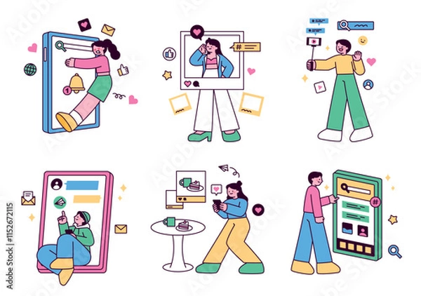 Obraz People are using social networking services on their huge mobile screens. outline simple vector illustration.