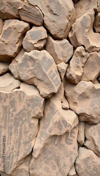 Obraz detailed close-up of a rugged rock formation, stone texture, rock formation, natural cliff pattern, rough wallpaper, brown and gray, panorama, AI, asian style, with white tones
