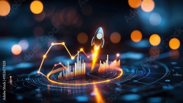 Fototapeta A digital representation of a rocket launching over a graph, symbolizing growth, innovation, and technological advancement.