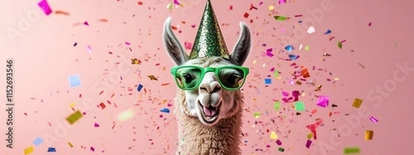 Fototapeta A festive llama wearing sunglasses and a party hat, surrounded by colorful confetti.