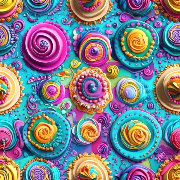 Fototapeta Colorful and vibrant abstract pattern featuring swirls and circular shapes, resembling decorative cakes or pastries, creating joyful and playful atmosphere