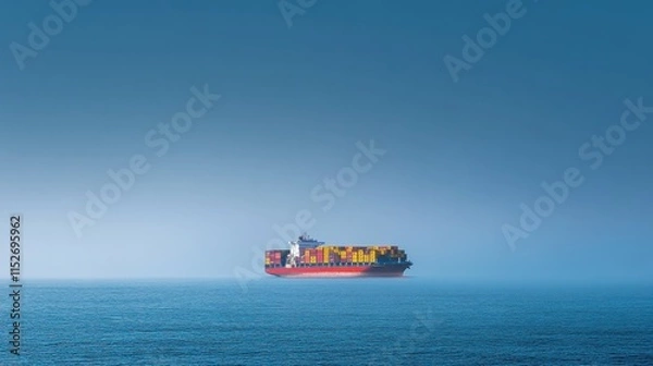 Fototapeta A large container ship floats in calm waters under a blue sky, conveying maritime transport.