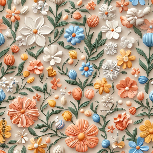 Fototapeta Floral seamless pattern featuring colorful flowers and leaves on beige background, creating vibrant and cheerful atmosphere. Perfect for textiles and wallpapers