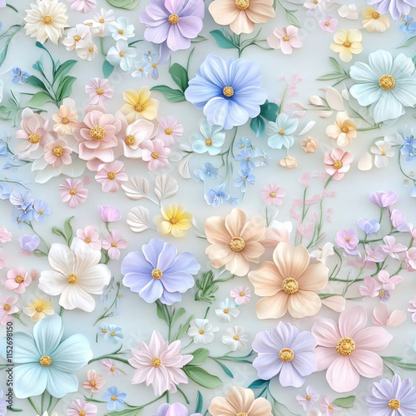 Fototapeta beautiful seamless pattern featuring various pastel colored flowers, including blue, pink, and yellow blooms, creating soft and delicate floral design
