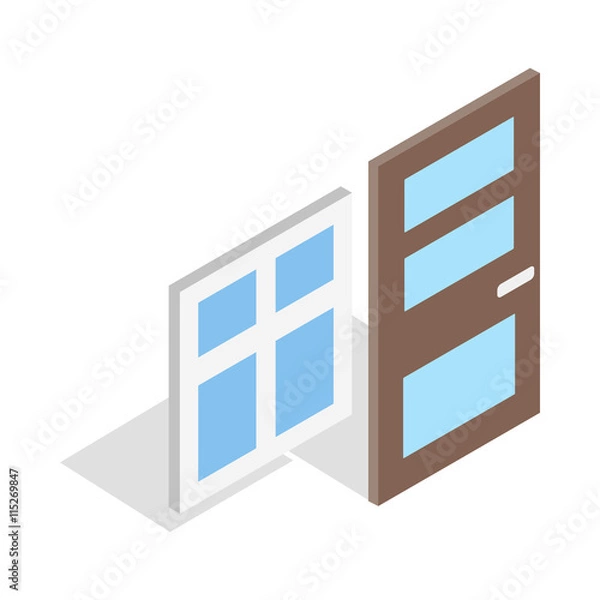 Fototapeta Door and window icon in isometric 3d style isolated on white background