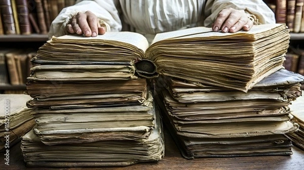 Fototapeta Hands gently holding open an ancient, aged book atop a stack of antique books in a library.