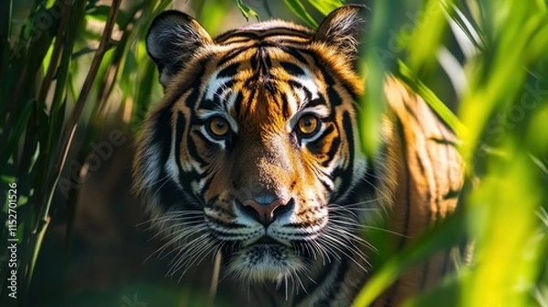 Fototapeta A close-up of a tiger's face peering through lush greenery, showcasing its striking features.