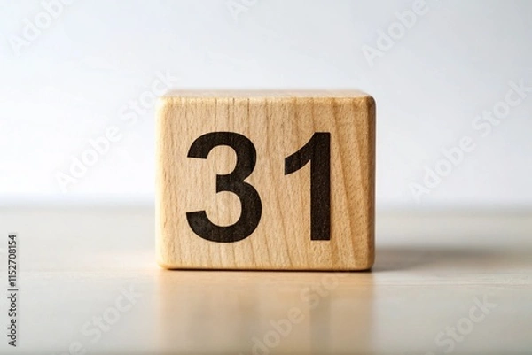Fototapeta Wooden block displaying the number 31 in bold black print against a clean, minimalistic white background