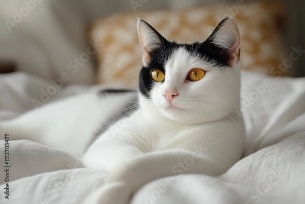 Fototapeta A serene cat lounging on a bed with a soft, cozy background.