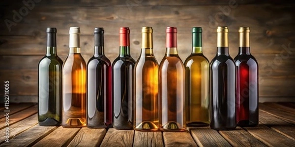 Fototapeta Wine bottles lined up on a wooden table, wine selection, wine cellar, wine selection, wine cellar